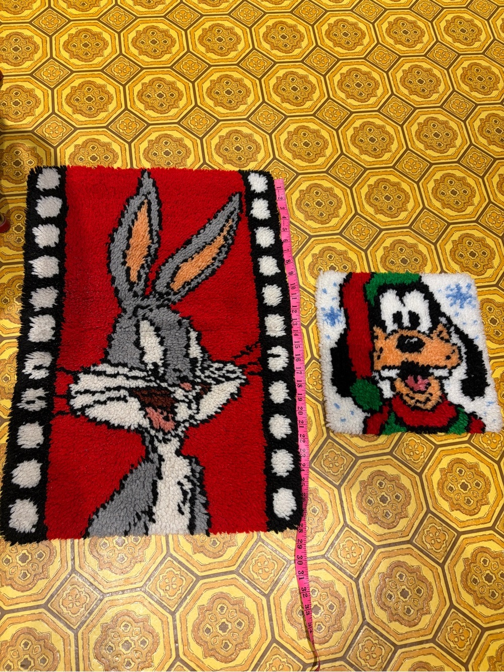 2 Vintage Looney Tunes Bugs Bunny "Bugs on Film" Completed Latch Hook Rug goofy